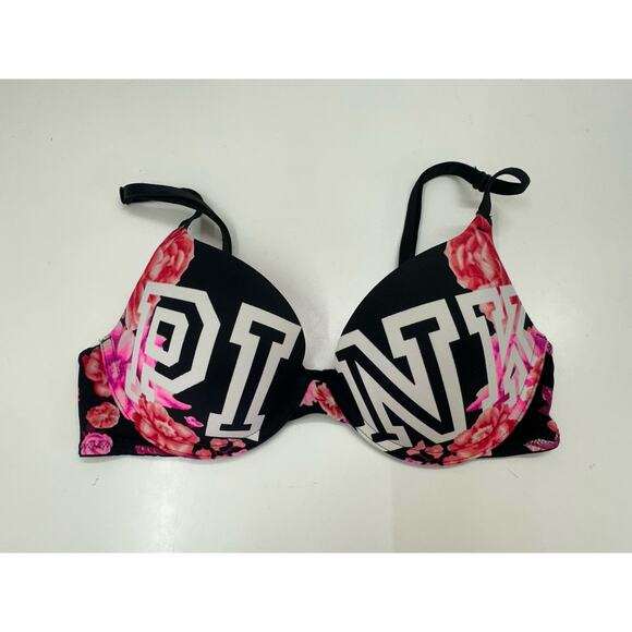 PINK Womens Bra 34B Black Floral Logo Wear Everywhere T-Shirt Lightly Lined - Picture 1 of 10